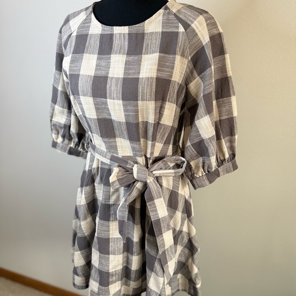 Love + Harmony Gingham Mini Dress Tie Waist Puff Sleeve Size M